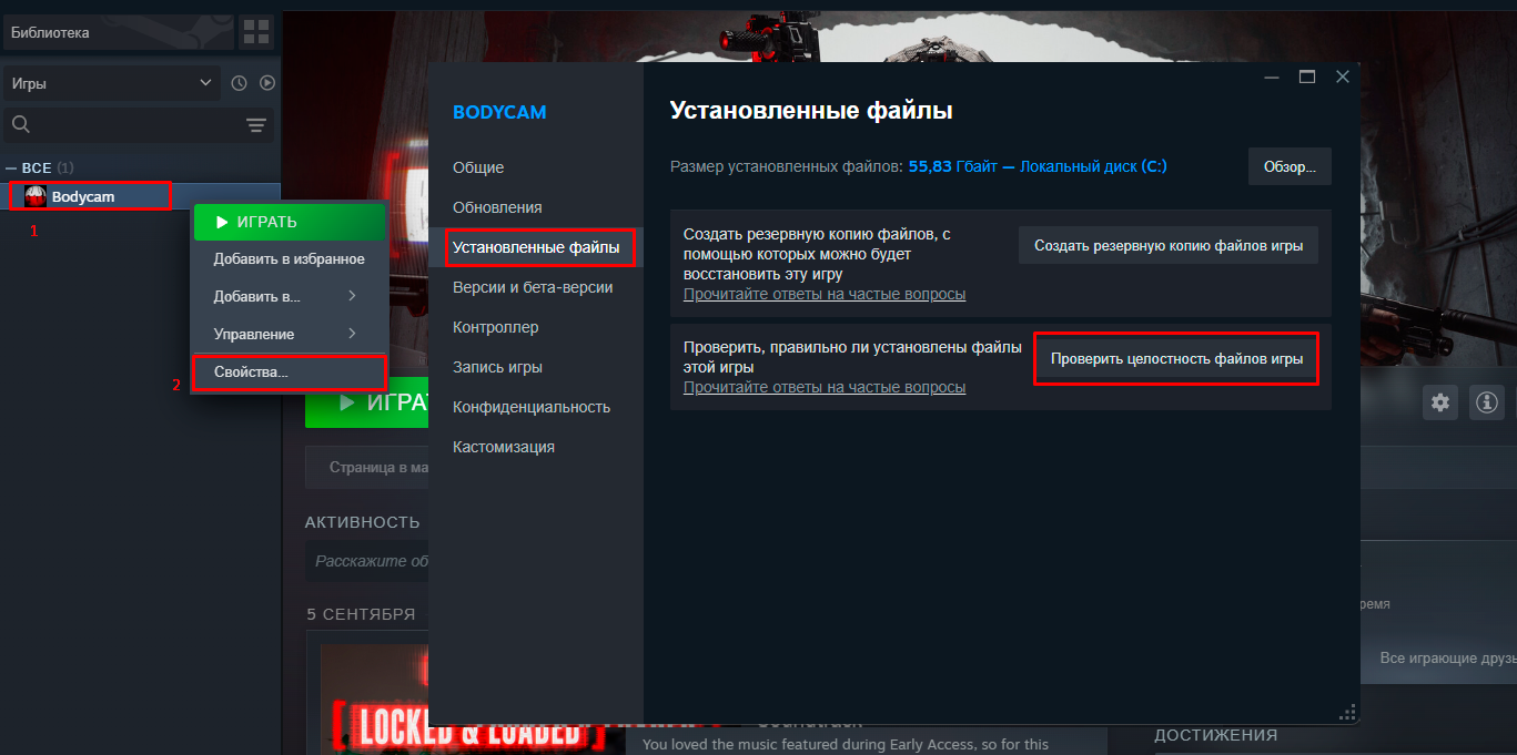 Проверка целостности файлов игры в Steam